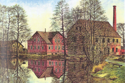Blick auf die Winkelmühle (Teichblick). Gemälde von Volker Pohlenz. Bildmitte: Roeber-Villa, rechts: Mühlengebäude mit Schornstein.