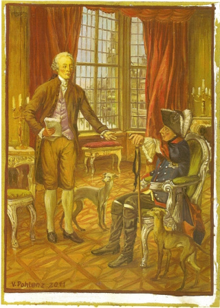 Friedrich II. empfängt den Dichter Gellert zum Vortrag. Gemälde von Volker Pohlenz