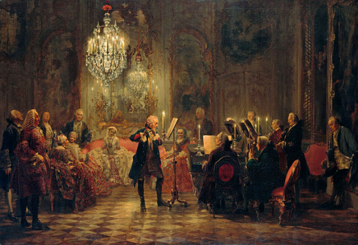 Friedrich II. und die Sachsen Flötenkonzert in Sanssouci, der König als Flötensolist, C, Ph. E. Bach am Cembalo, F. Benda mit Geige -Gemälde von A. Menzel